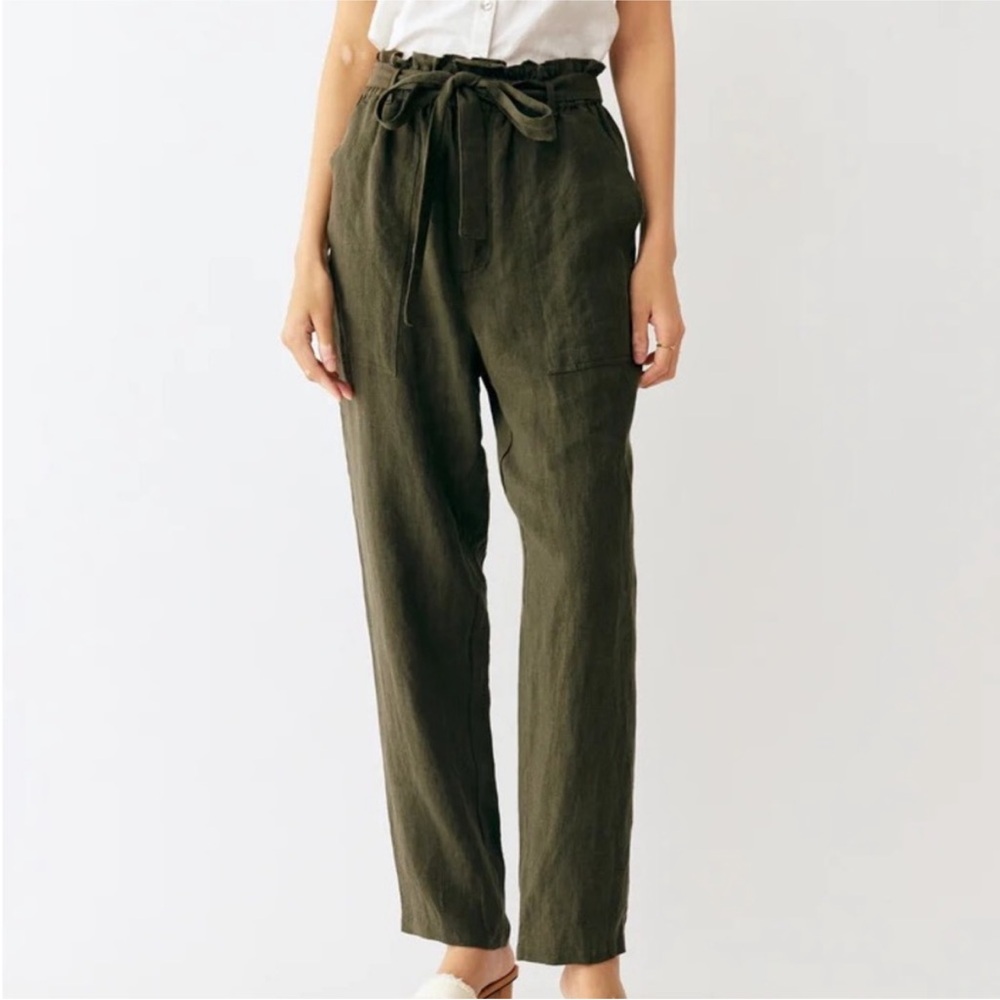 Grae Cove 100% Linen Paper-Bag Waist Bow-Tie Pants Size Large Dark Green
